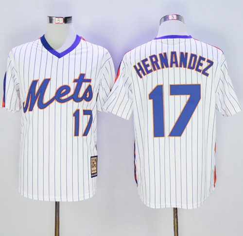 Mitchell and Ness Mets #17 Keith Hernandez Stitched White Blue Strip Throwback MLB Jersey - Click Image to Close